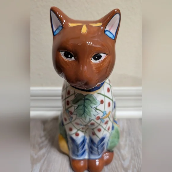 Vibrant Hand Painted Ceramic Cat Figurine - Picture 3 of 6